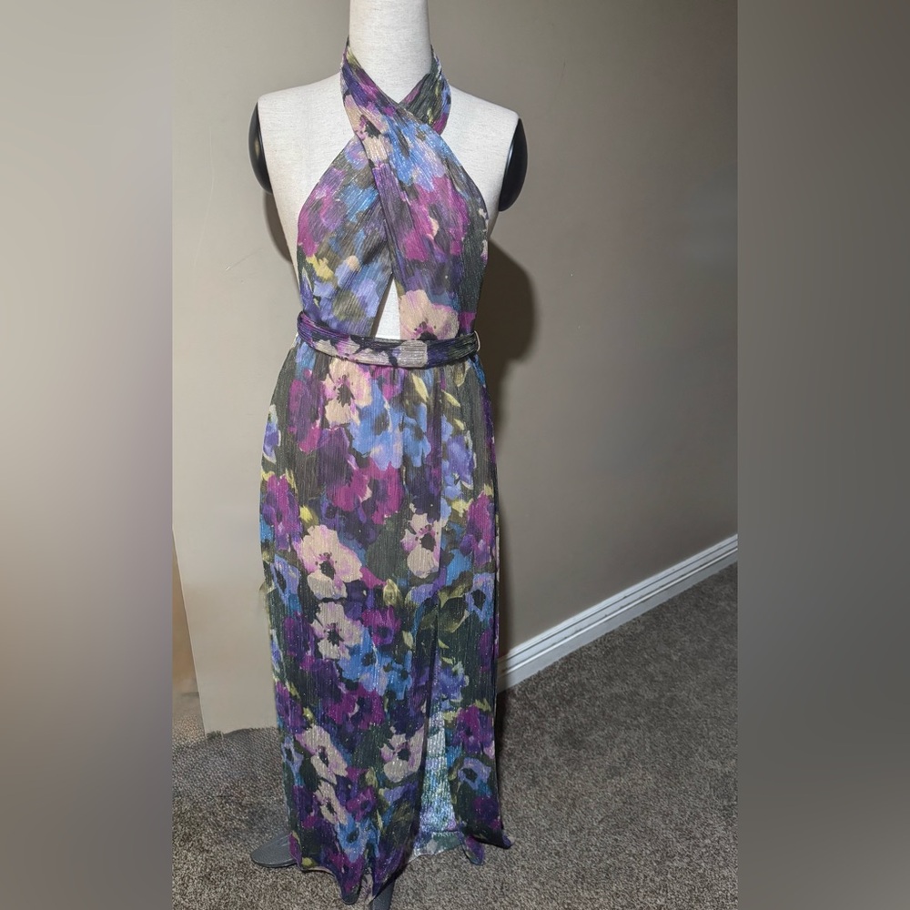 Aidan Mattox Purple and Blue Halter Slit Maxi Gown NWT - Picture 6 of 14